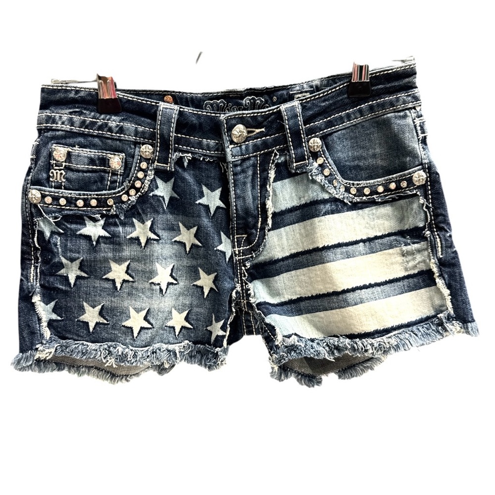 Miss Me Women's Blue Denim Stars and Stripes Distressed & Frayed Shorts Sz.27